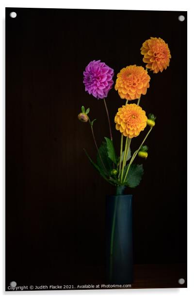 Home grown dahlia flowers in vase.  Acrylic by Judith Flacke
