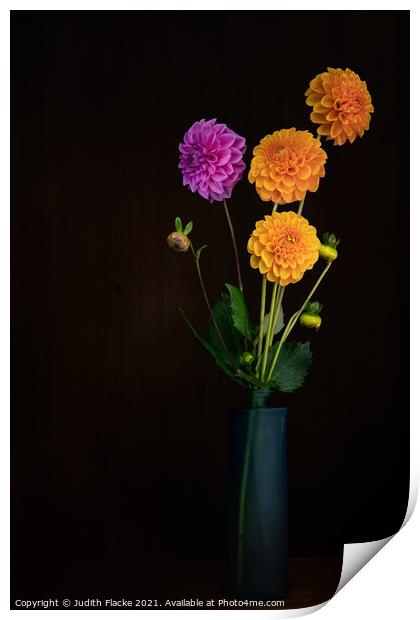 Home grown dahlia flowers in vase.  Print by Judith Flacke