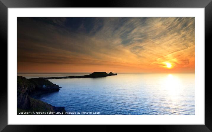 Summer sunset, Worms Head, Rhossili Gower, South Wales, UK Framed Mounted Print by Geraint Tellem ARPS