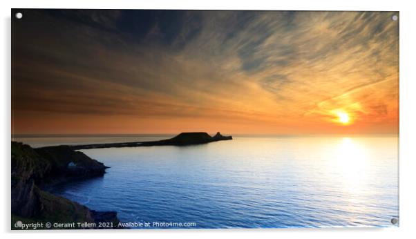 Summer sunset, Worms Head, Rhossili Gower, South Wales, UK Acrylic by Geraint Tellem ARPS