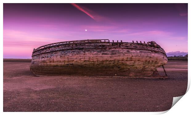 Moon over boat wreck Anglesey Print by Jonathon barnett