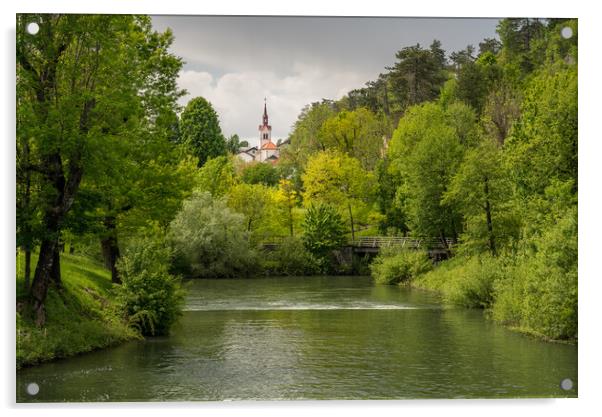 Calm peaceful river in the park near Postojna cave system in Slo Acrylic by Steve Heap