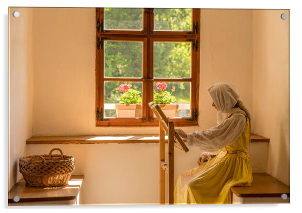 Woman working on embroidery in window alcove Acrylic by Steve Heap