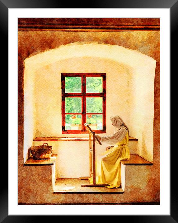 Water color of woman working on embroidery in window alcove Framed Mounted Print by Steve Heap