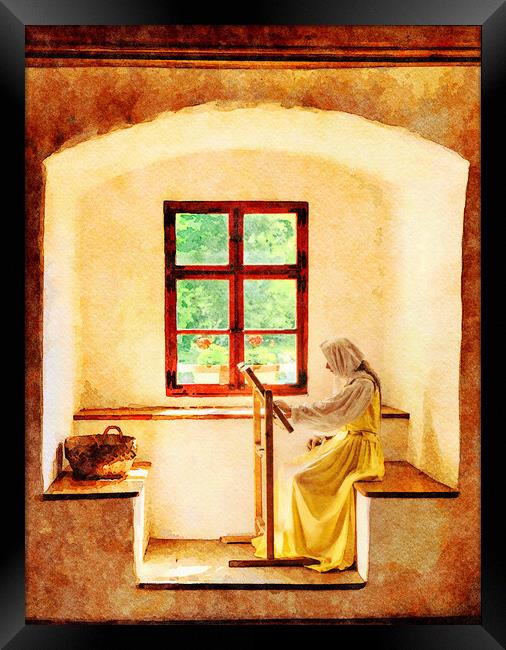 Water color of woman working on embroidery in window alcove Framed Print by Steve Heap