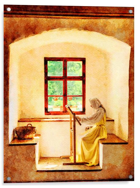 Water color of woman working on embroidery in window alcove Acrylic by Steve Heap