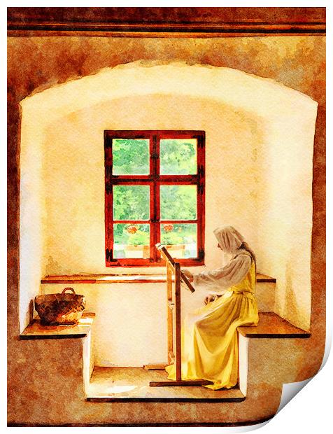 Water color of woman working on embroidery in window alcove Print by Steve Heap