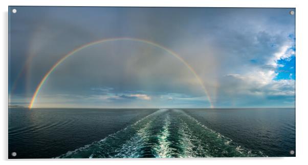 Dramatic double rainbow forms over the wake of a cruise ship at  Acrylic by Steve Heap