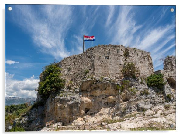 Flag on top of fortress above the Croatian town of Novigrad in I Acrylic by Steve Heap