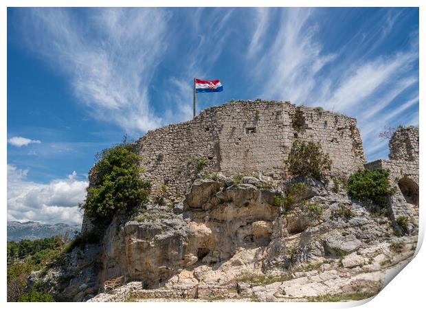 Flag on top of fortress above the Croatian town of Novigrad in I Print by Steve Heap