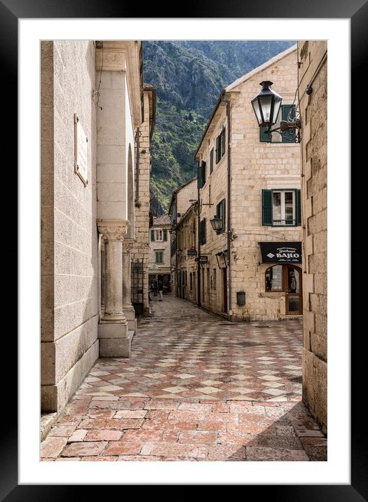 Narrow streets in the Old Town of Kotor in Montenegro Framed Mounted Print by Steve Heap