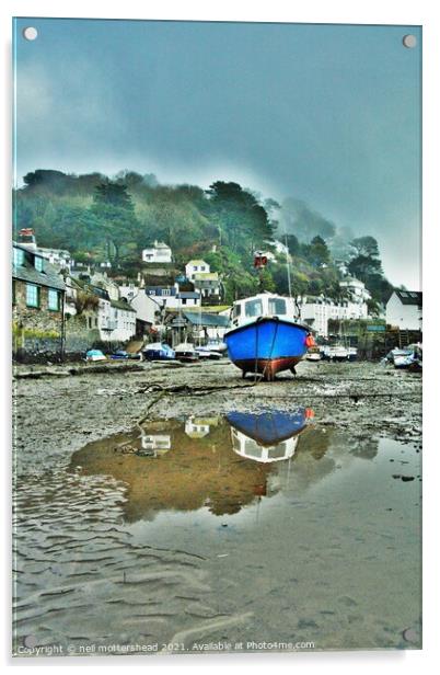 Polperro Reflections At Low Tide. Acrylic by Neil Mottershead