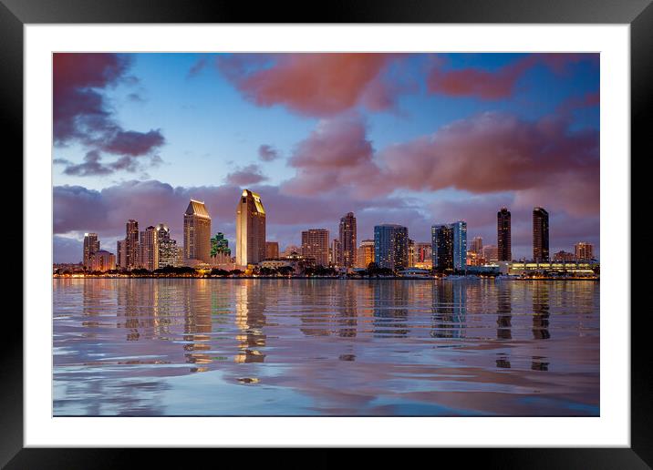 San Diego skyline at dusk reflected in sea Framed Mounted Print by Steve Heap