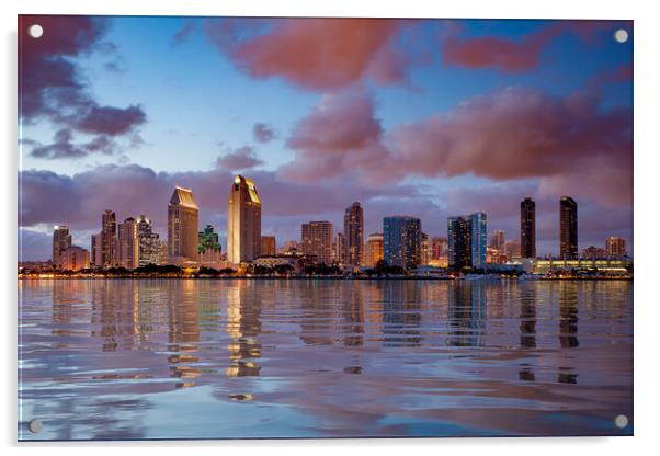 San Diego skyline at dusk reflected in sea Acrylic by Steve Heap