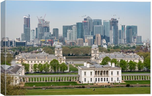 Queens House in Greenwich with Canary Wharf Canvas Print by Steve Heap