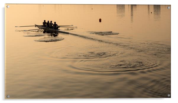 Team of four rowers practice in racing canoe Acrylic by Steve Heap