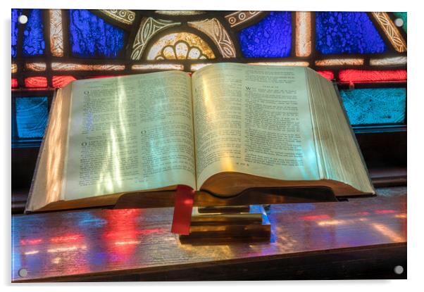 Light from stained glass window falls on open bible in american  Acrylic by Steve Heap