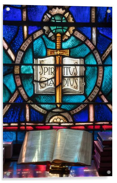 Light from stained glass window falls on open bible in american  Acrylic by Steve Heap