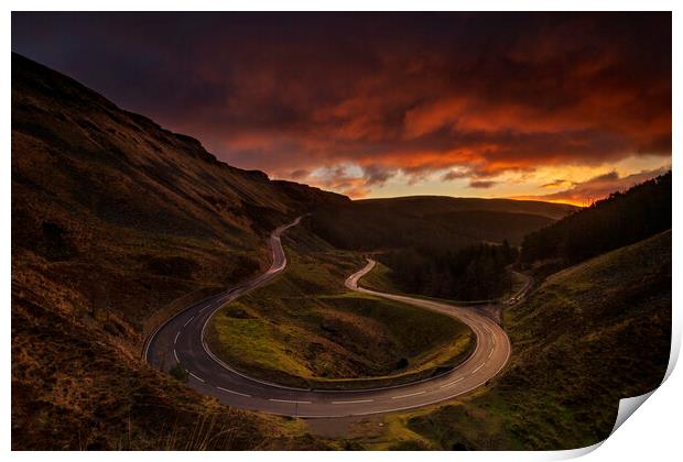 Bwlch Mountain road during sunrise Print by Sandra Kepkowska