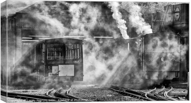 Steam Trains outside the shed Snowdonia Canvas Print by Lesley Pegrum