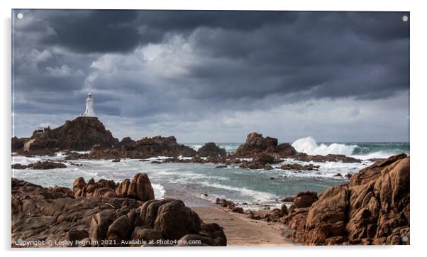 Corbiere Lighthouse Jersey in a Storm Acrylic by Lesley Pegrum