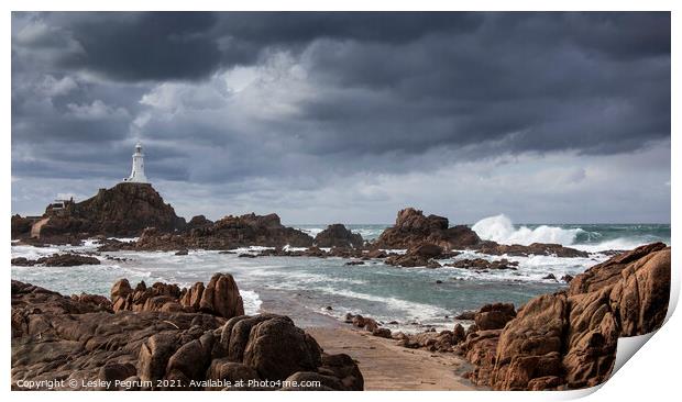 Corbiere Lighthouse Jersey in a Storm Print by Lesley Pegrum