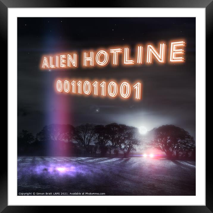 Alien hotline 0011011001 neon slogan Framed Mounted Print by Simon Bratt LRPS