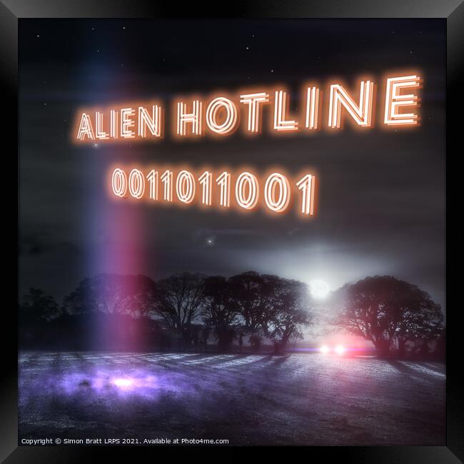 Alien hotline 0011011001 neon slogan Framed Print by Simon Bratt LRPS