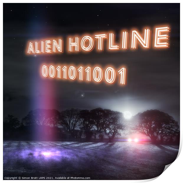 Alien hotline 0011011001 neon slogan Print by Simon Bratt LRPS