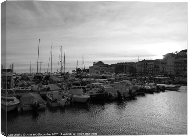 Monochrome Cannes marina at sunset Canvas Print by Ann Biddlecombe