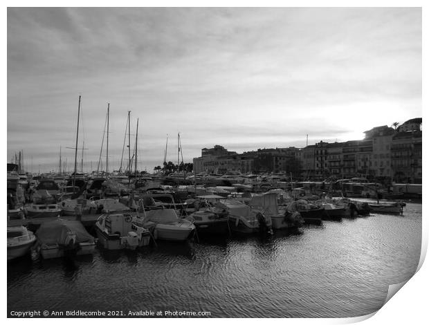 Monochrome Cannes marina at sunset Print by Ann Biddlecombe