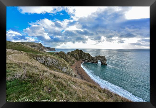 Durdle Door from the top path looking away to the  Framed Print by Ed Whiting