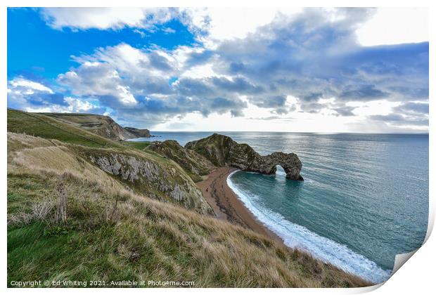 Durdle Door from the top path looking away to the  Print by Ed Whiting
