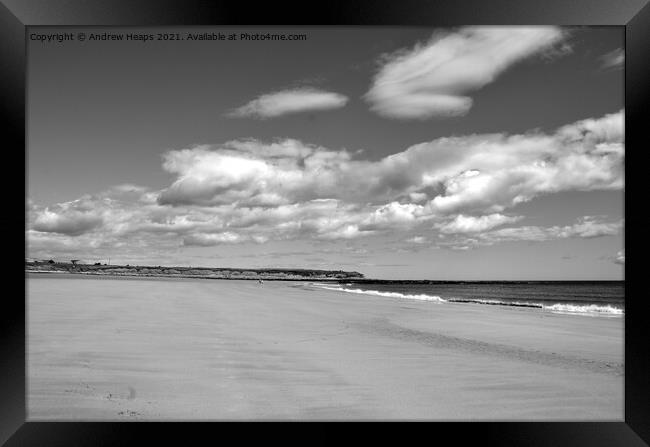 Beach scene with cloudy sky in Northumberland  Framed Print by Andrew Heaps