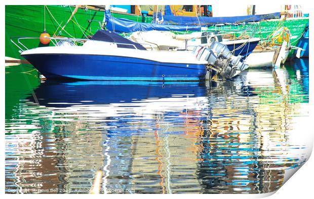 Stunning reflections of blue and green boats in th Print by Dave Bell