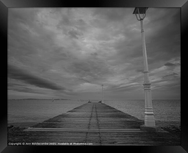 Monochrome Jetty to nowhere Framed Print by Ann Biddlecombe