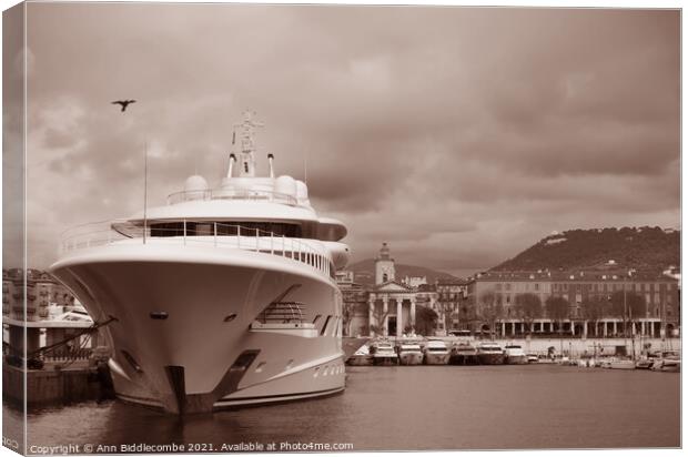 Old monochrome super yacht in Nice Marina Canvas Print by Ann Biddlecombe