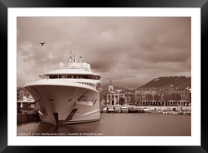 Old monochrome super yacht in Nice Marina Framed Mounted Print by Ann Biddlecombe