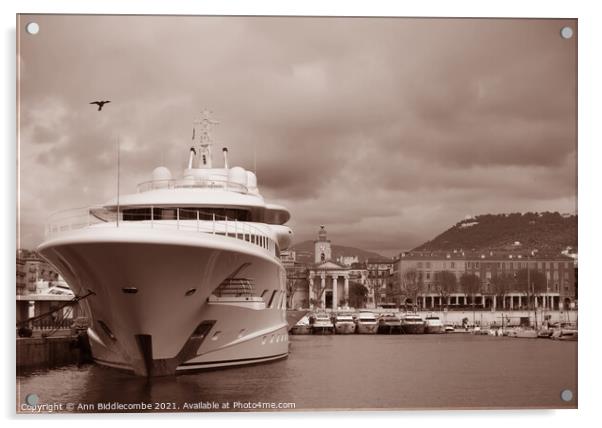 Old monochrome super yacht in Nice Marina Acrylic by Ann Biddlecombe