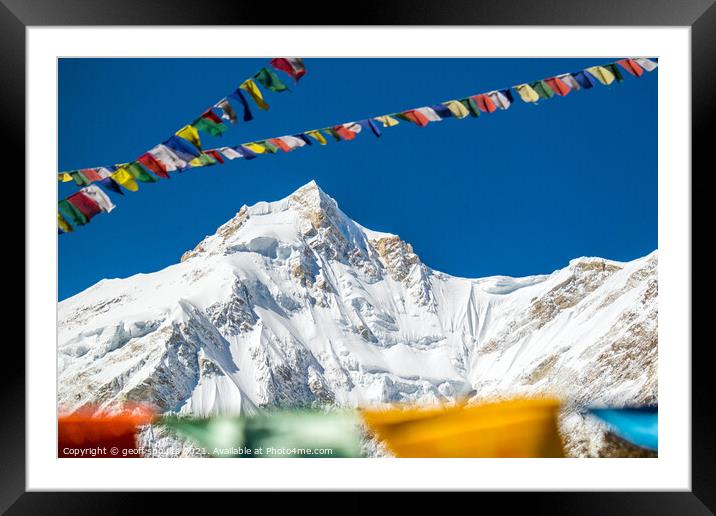 Manaslu and prayer flags Framed Mounted Print by geoff shoults