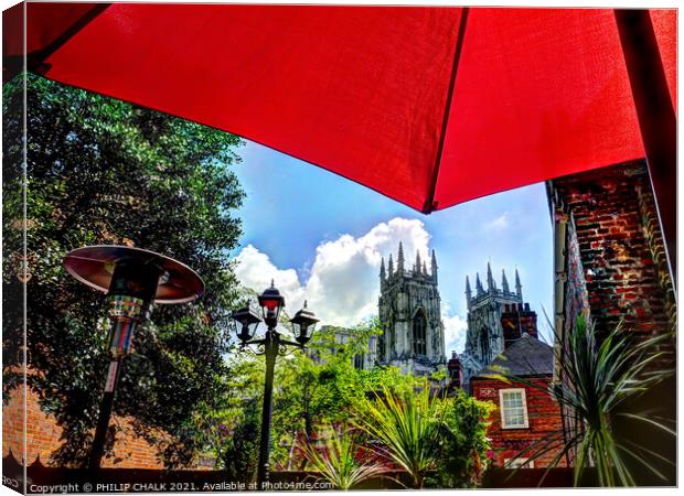 view from a beer garden of York Minster 188 Canvas Print by PHILIP CHALK