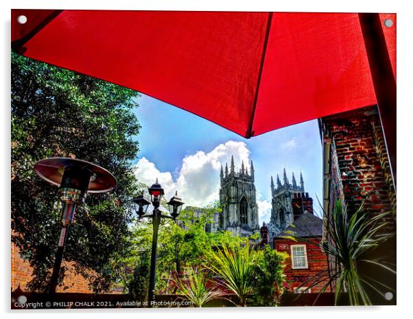 view from a beer garden of York Minster 188 Acrylic by PHILIP CHALK