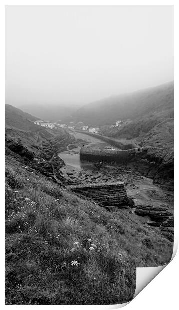 Misty Boscastle harbour Print by Claire Turner