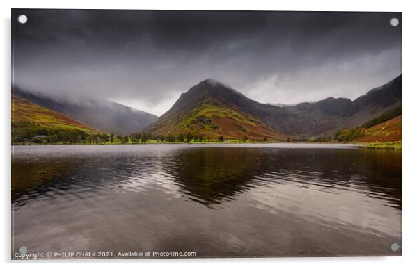 Buttermere with Fleetwith pike on a misty autumnal day 189 Acrylic by PHILIP CHALK