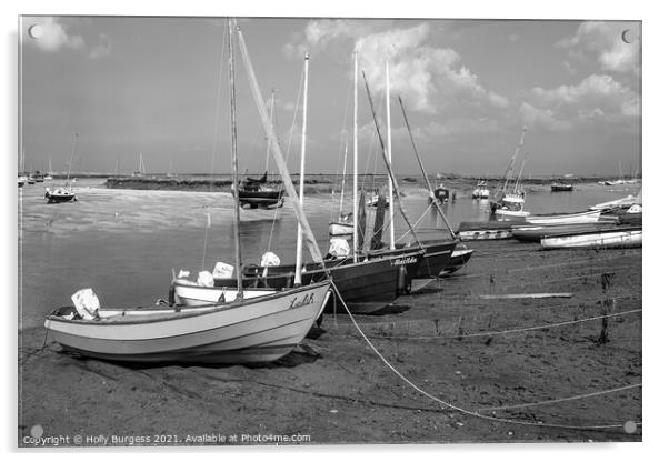 Burnham Norfolk Coast Fishing boats ready for the next sail black and white  Acrylic by Holly Burgess