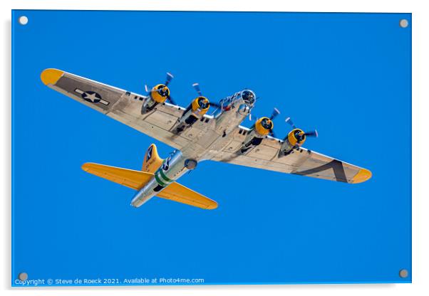 Boeing B17 Flies Overhead In Deep Blue Sky Acrylic by Steve de Roeck