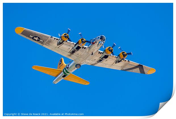 Boeing B17 Flies Overhead In Deep Blue Sky Print by Steve de Roeck