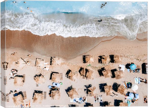 Beach Umbrellas, Aerial Beach In Summer Print, Aerial Photography Canvas Print by Radu Bercan