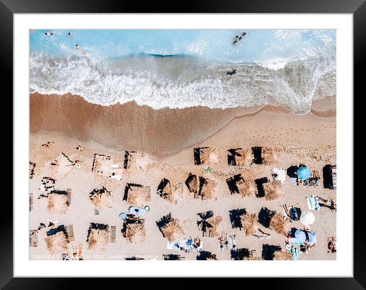 Beach Umbrellas, Aerial Beach In Summer Print, Aerial Photography Framed Mounted Print by Radu Bercan