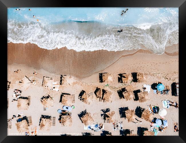 Beach Umbrellas, Aerial Beach In Summer Print, Aerial Photography Framed Print by Radu Bercan
